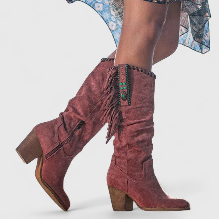 Boots For Women | Mid Calf Block Heel With Fringe Detail