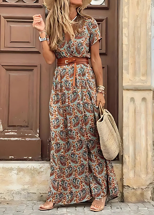 Women’s Dress | Boho V-Neck Maxi with Belt